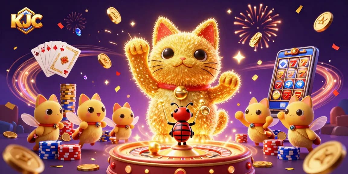 KJC golden fireflies create a giant lucky cat while casino symbols and coins animate around them.