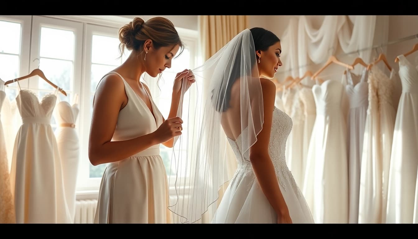 Gestire la cura e la scelta stilistica del bridal styling mentre la sposa prova vestiti eleganti.