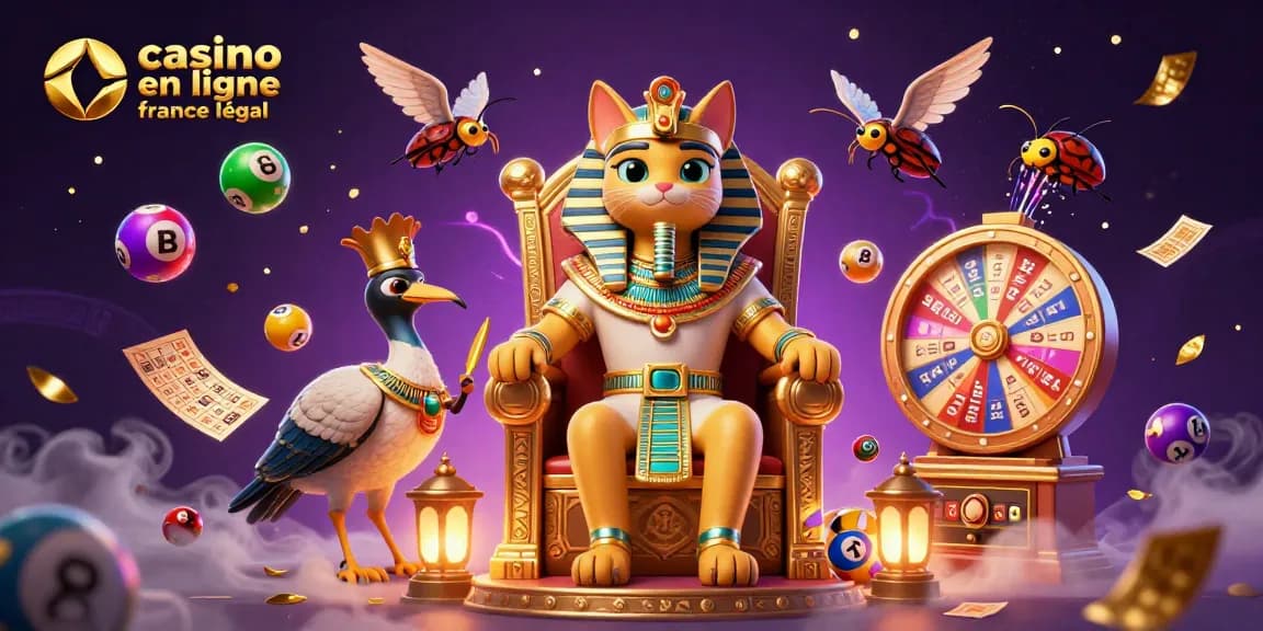 Jouer au casino en ligne France légal avec un pharaon égyptien et des éléments de loterie colorés.