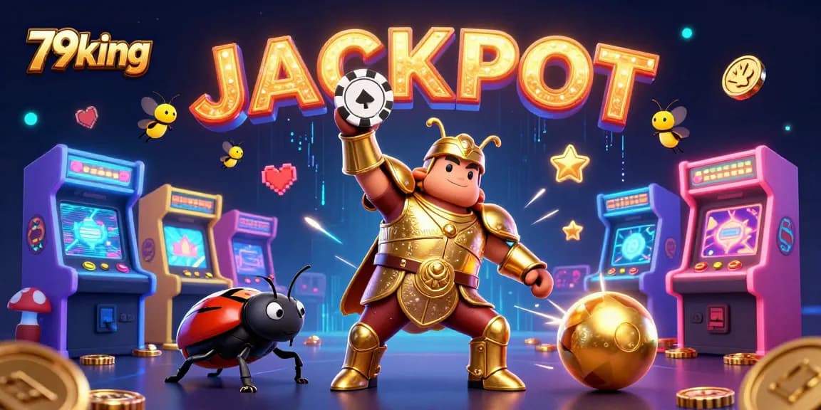 Playing and winning big at 79king with a cartoon beetle in armor lifting a poker chip