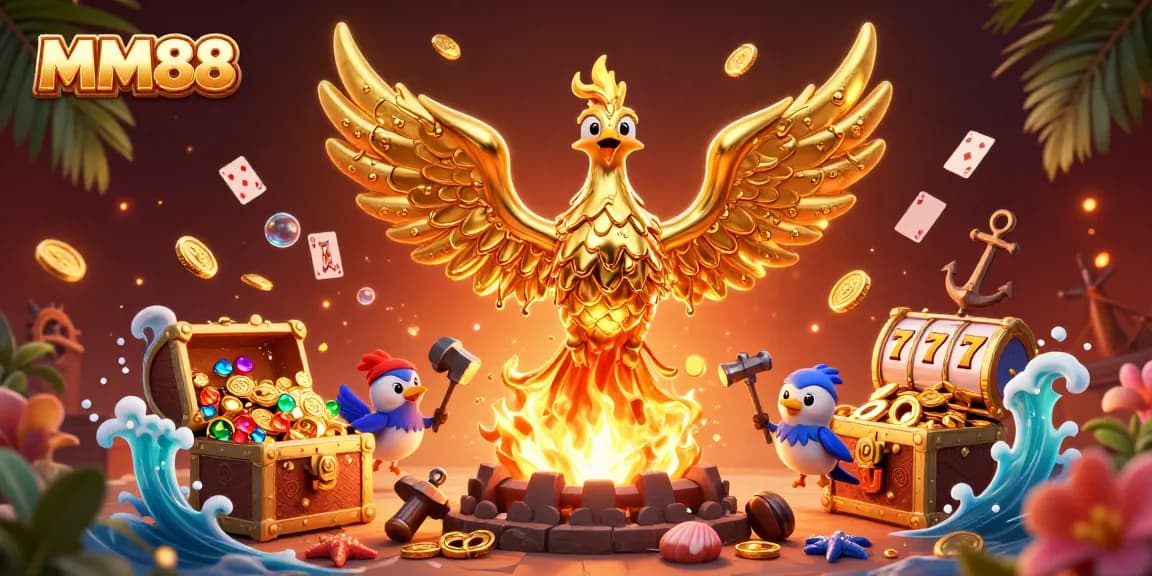 Experience the thrill of MM88 with captivating golden phoenix and animated slot game elements.