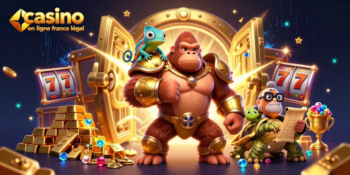 Jeu captivant au casino en ligne France légal, illustrant un roi gorille et un caméléon.