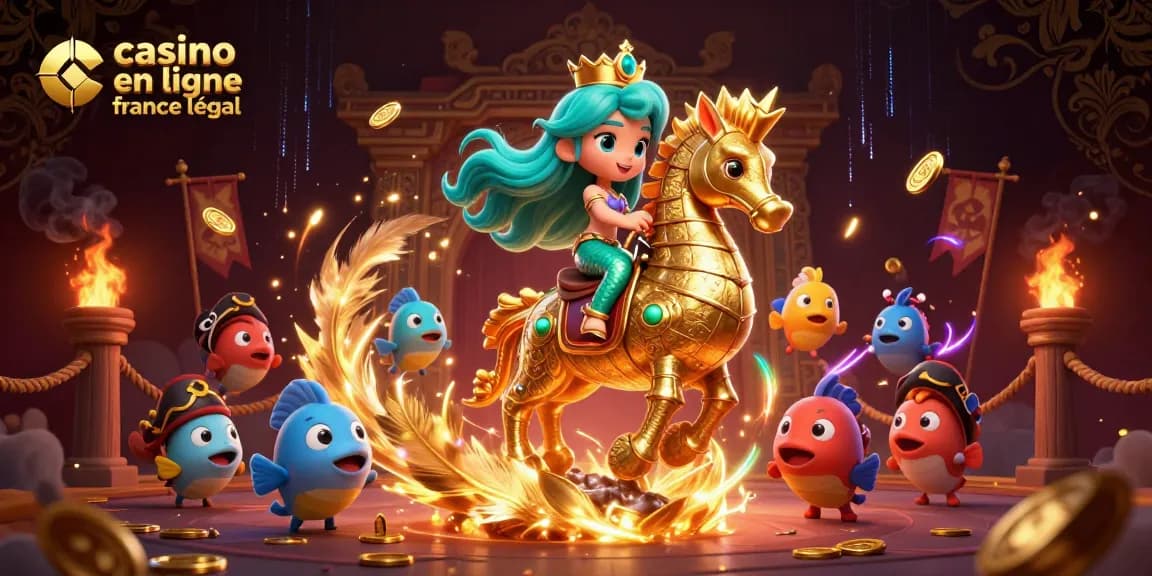 Une illustration captivante représentant le casino en ligne France légal avec une princesse sirène et un hippocampe.