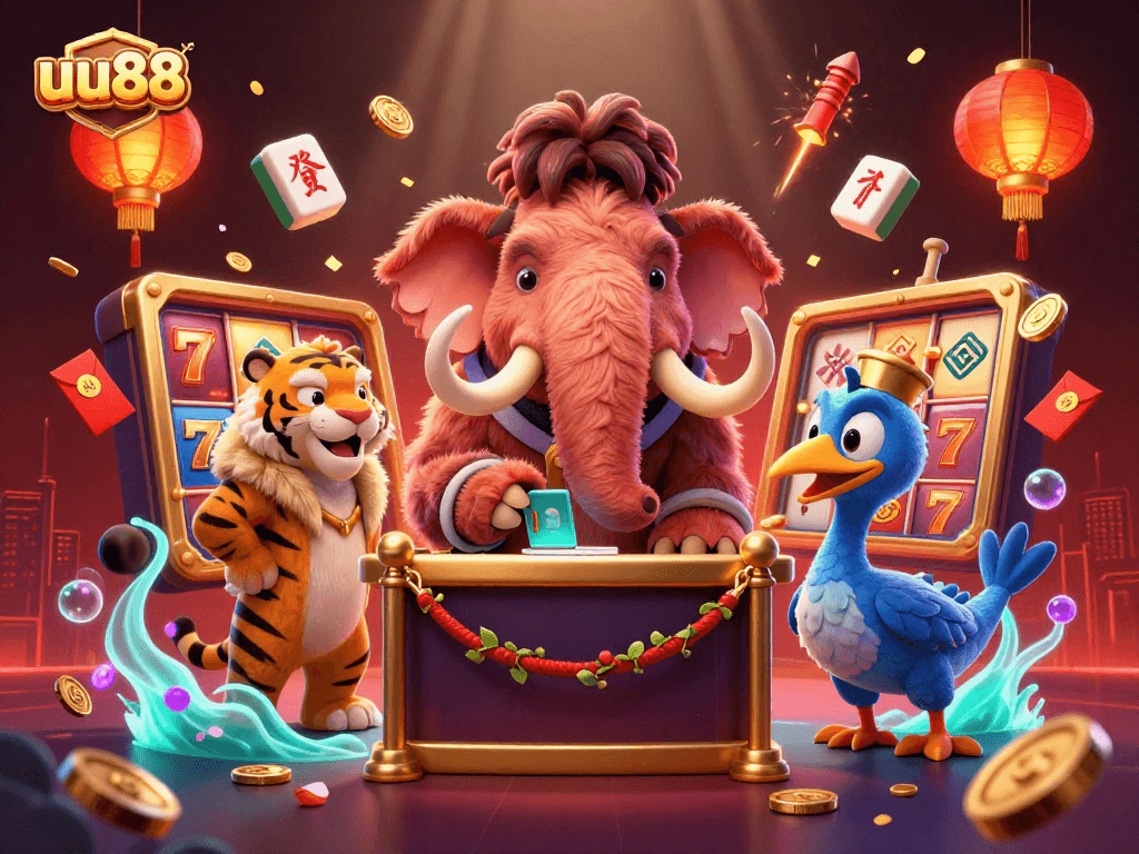 Experience the thrilling atmosphere of uu88 with a cartoon 3D casino scene featuring a mammoth bouncer, saber-tooth guest, and dodo doorman.