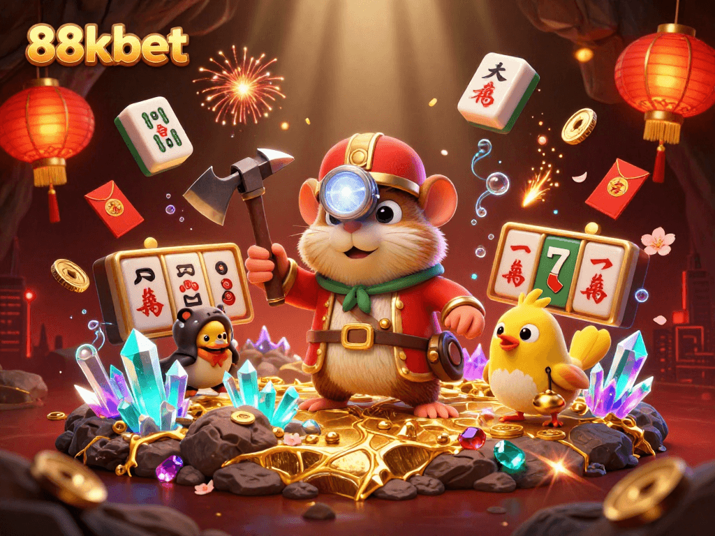 Join the excitement at 88kbet with a cartoon mole mining treasure amidst vibrant gambling elements.