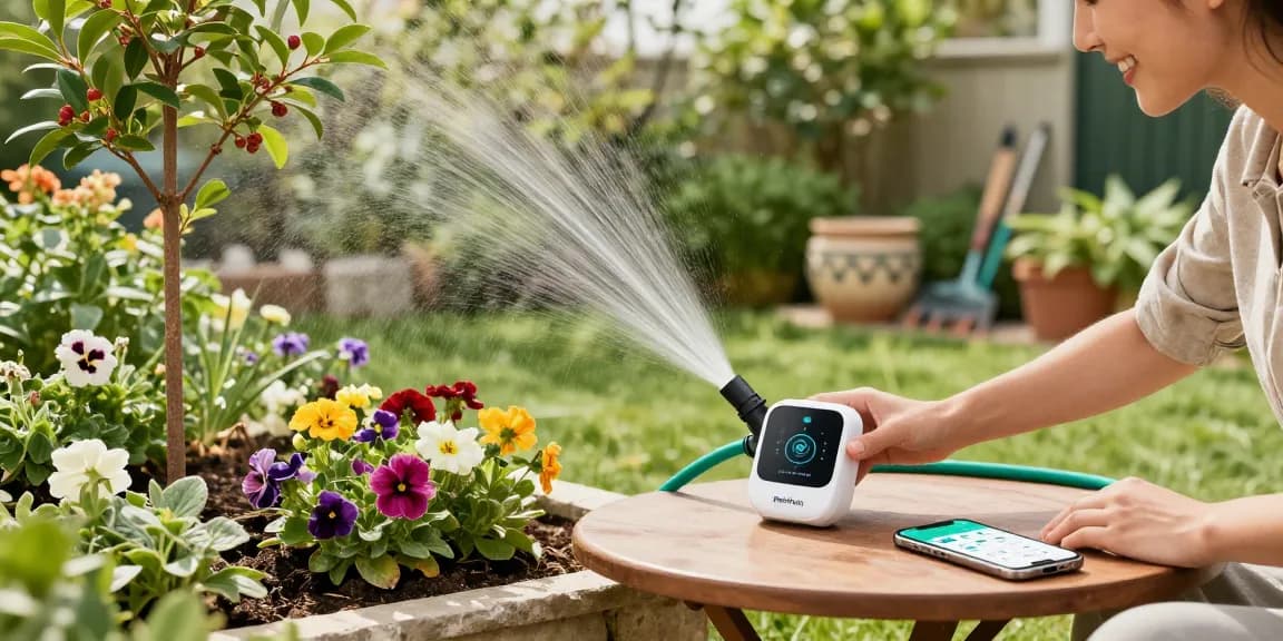 Homeowner setting up the RainPoint WiFi water timer in a vibrant garden, showcasing efficient irrigation.