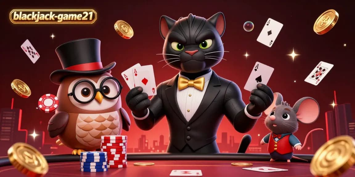Experience thrilling gameplay with blackjack-game21 as a stylish panther deals cards at an exciting casino table scene.
