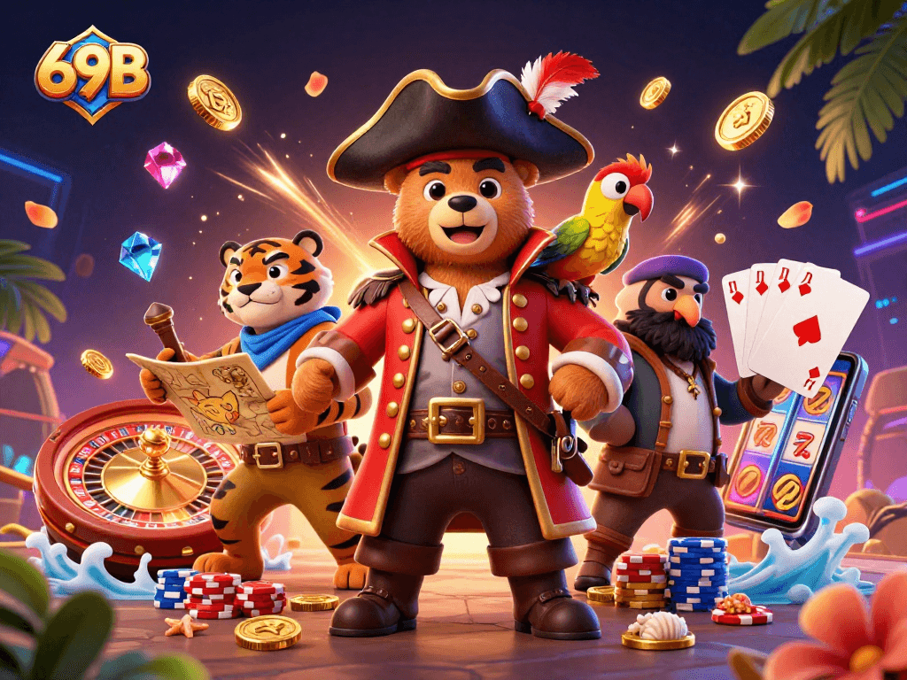 A experiência emocionante de ganhos no 69B, onde um urso pirata e seu tigre navegam em um mar de tesouros e caça ao jackpot.