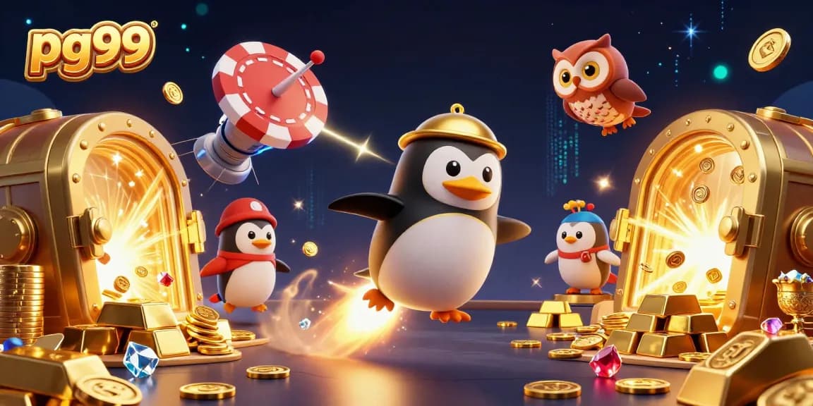 Spin the reels at pg99 with a golden penguin and treasure in a vibrant casino scene.