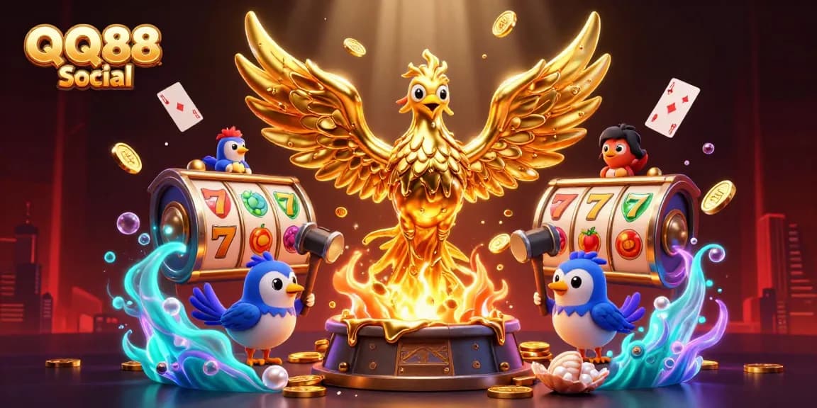 Experience thrilling gaming moments with QQ88 Social as a molten phoenix emerges amidst vibrant slot symbols.