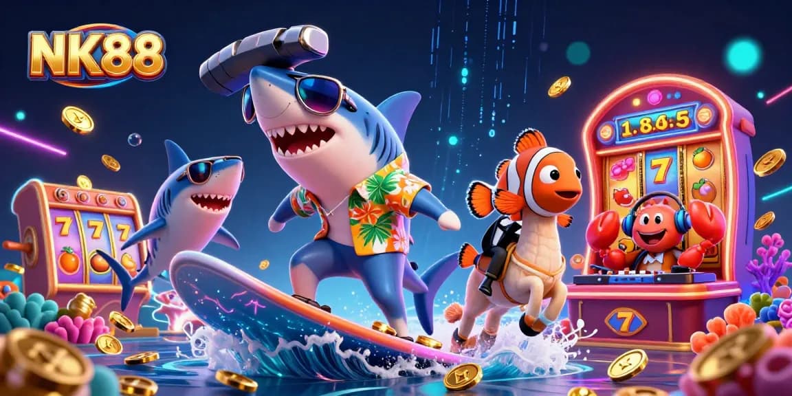 Experience the thrilling NK88 casino with vibrant characters enjoying games and rewards.