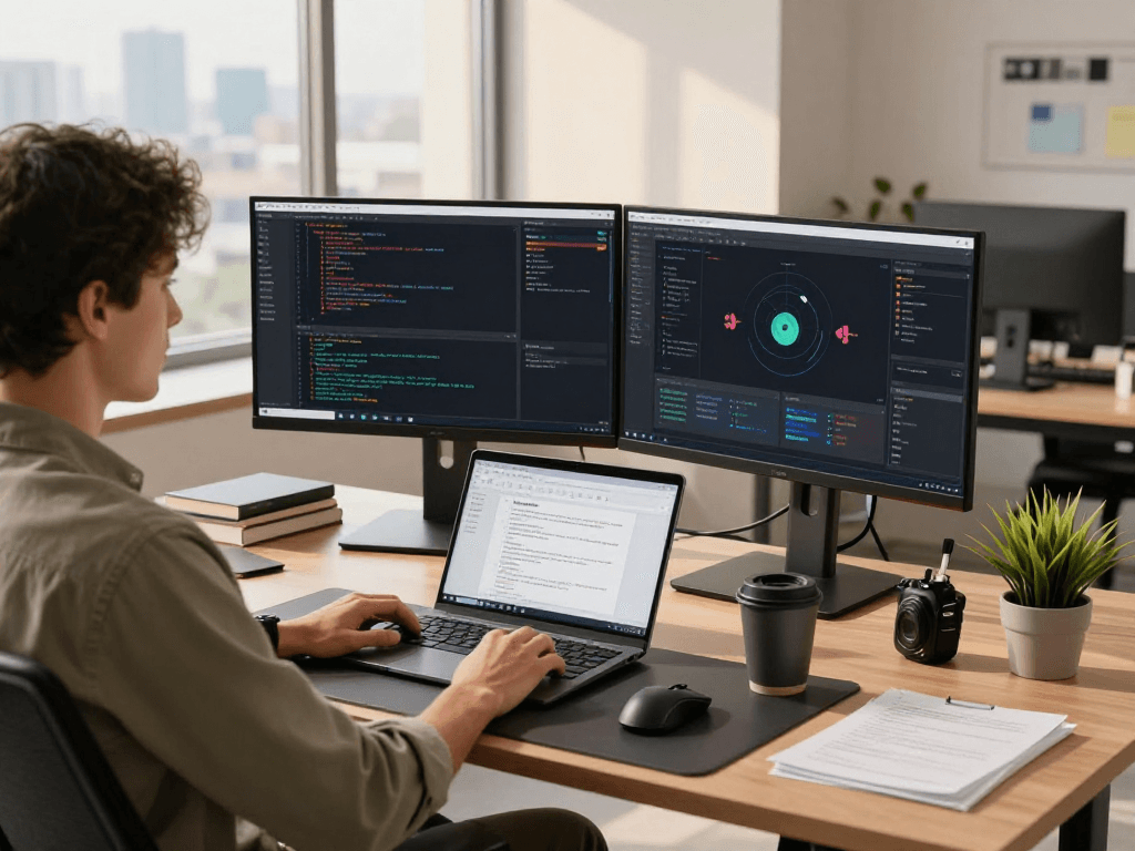 Dynamic tech workspace showcasing a software developer utilizing the acrossprotocol, with modern dual monitors displaying coding and design.