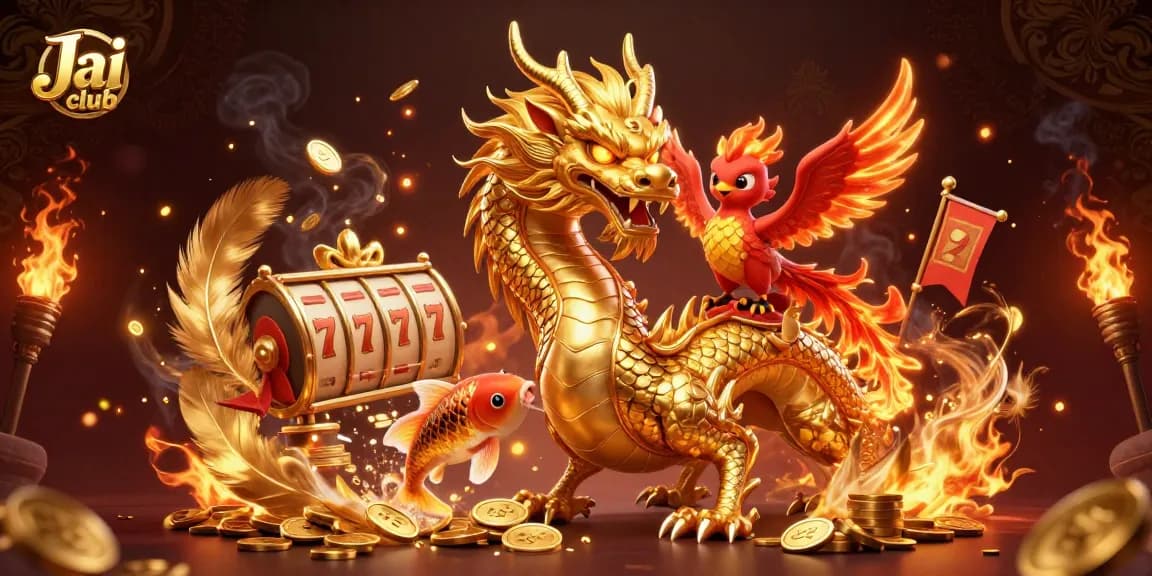 Engage thrilling games at Jai club with a striking 3D illustration of a dragon, phoenix, and koi fish.