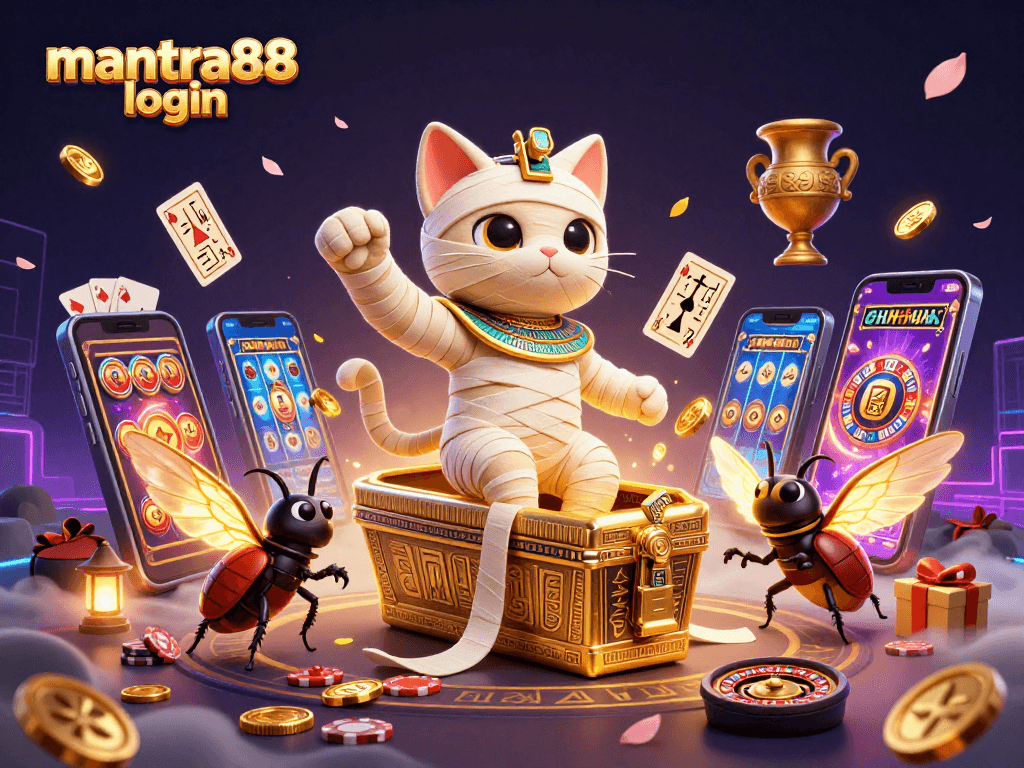 Experience the thrill of mantra88 login with a vibrant 3D casino scene featuring a mummy cat and scarab beetle.