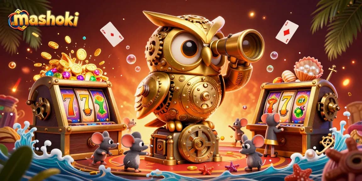 Engage with mashoki's vibrant casino scene filled with golden owls, slot machines, and treasures.