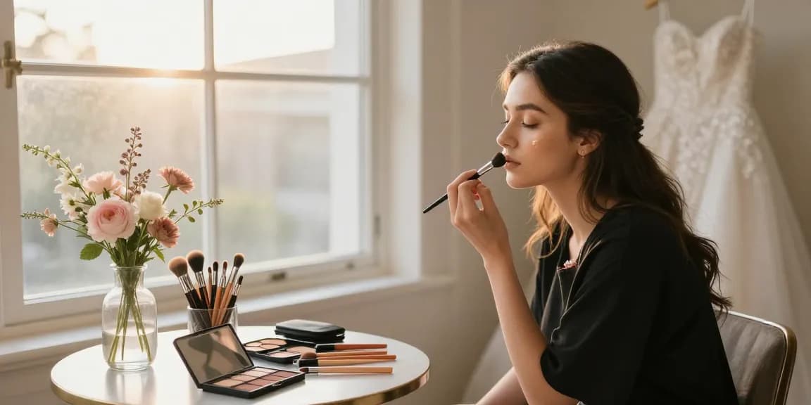 Trucco sposa in studio, artist applica makeup luminoso alla sposa, atmosfere romantiche.