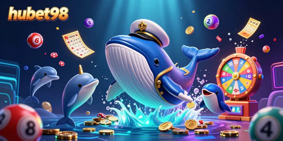 Engage with hubet98's thrilling casino scene featuring a breaching whale, vibrant lottery elements, and playful dolphins.