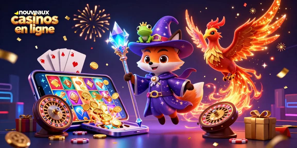 Découvrez l'univers des nouveaux casinos en ligne avec cette illustration dynamique remplie d'éléments de jeu captivants.