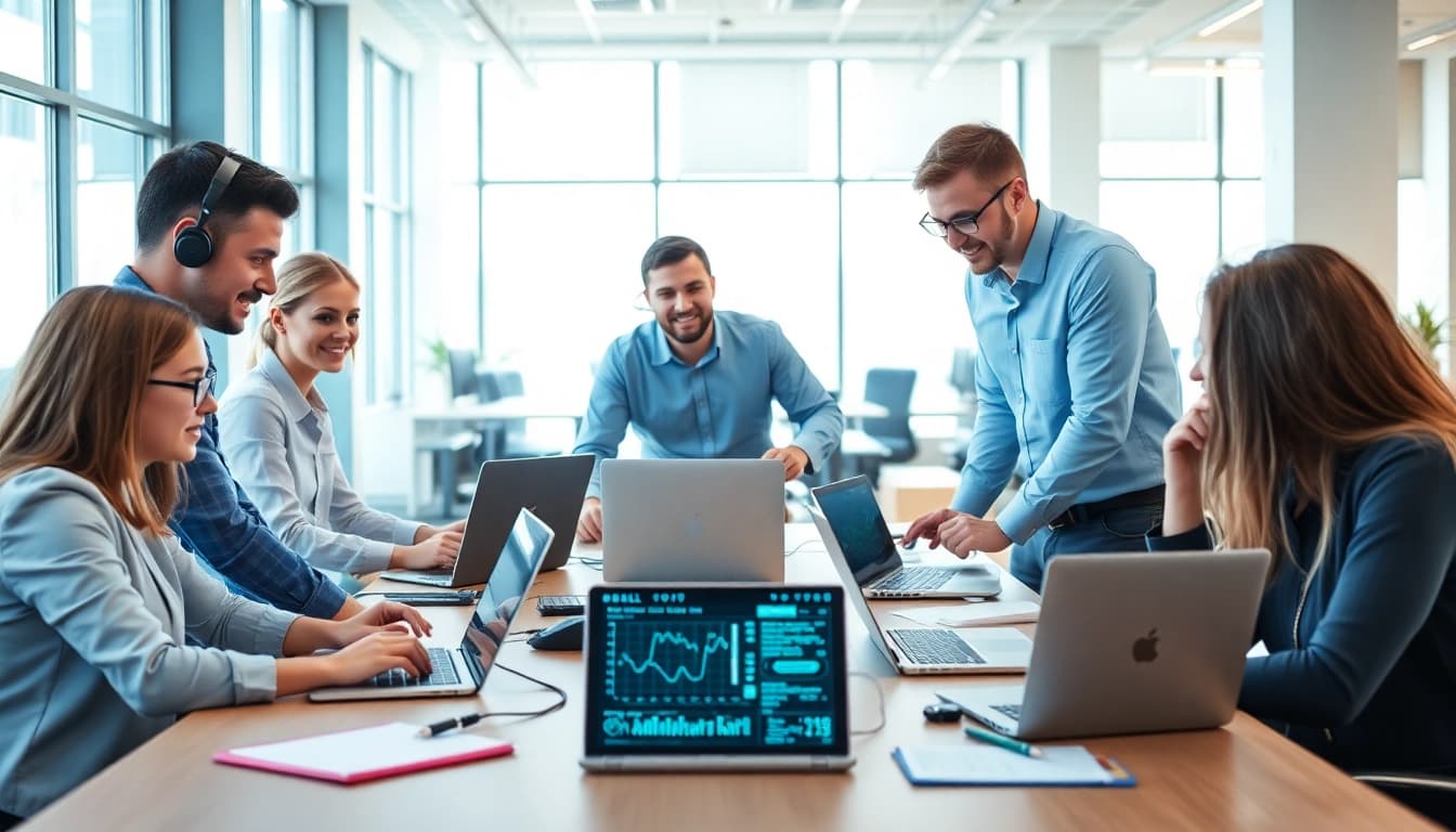 IT support for small business London team collaborating in a vibrant office atmosphere.