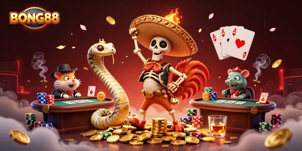 BONG88 showcases vibrant 3D casino scene with characters engaging around poker elements.