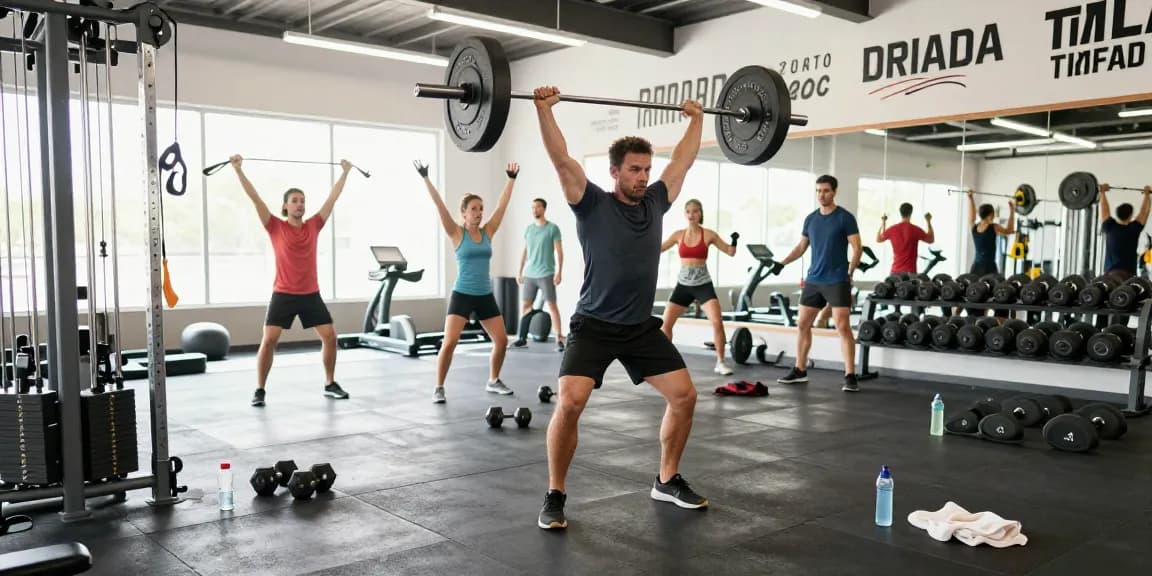 Athletic man training at Driada Shop gym with weights in a dynamic fitness environment.