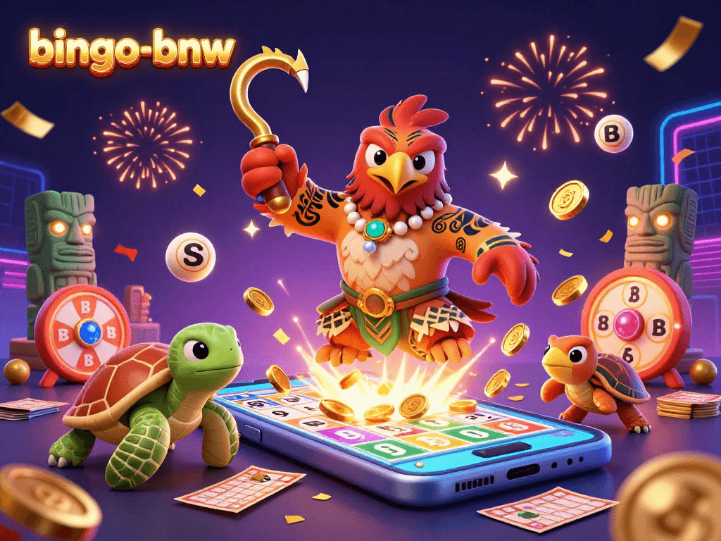 Bingo-bnw offers thrilling bingo excitement, featuring dynamic characters and engaging game elements in a vibrant illustration.