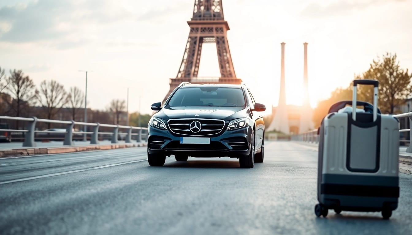 Luxury vehicle for Orly Airport to Paris Transfer ready with Eiffel Tower in background.