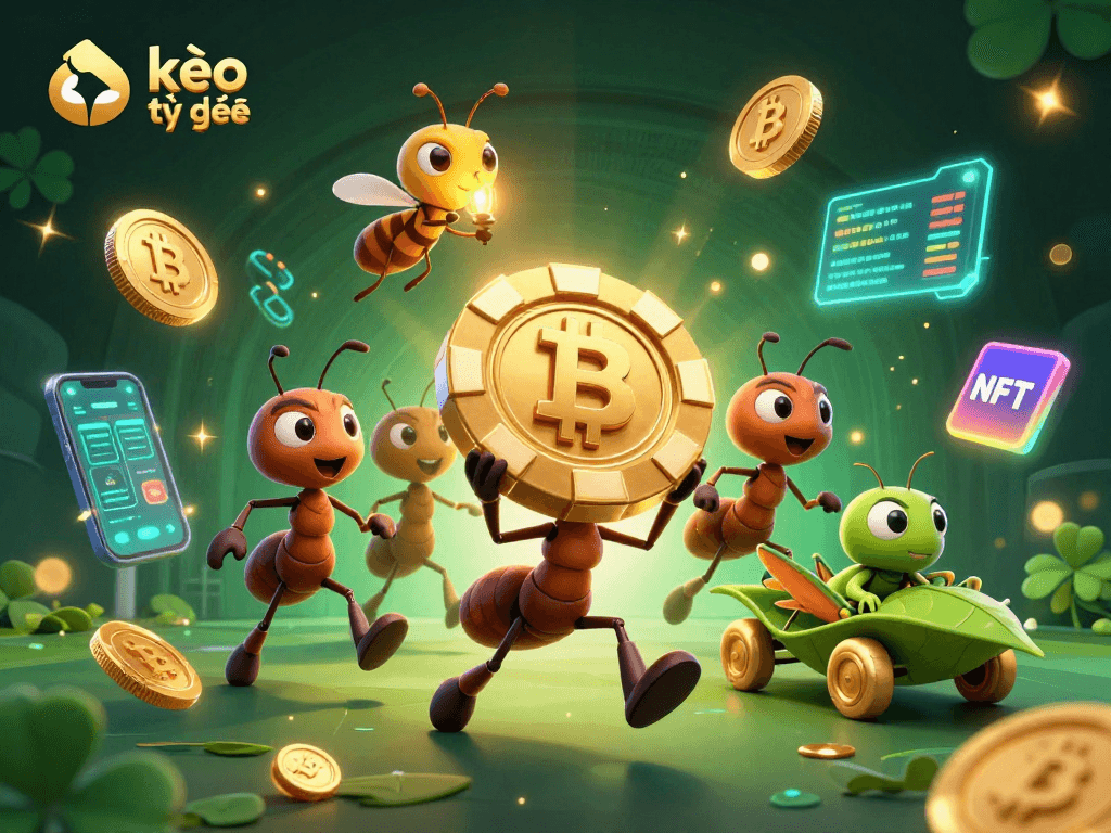 Experience the thrill of kèo trực tuyến with team of ants heisting a giant poker chip in a vibrant 3D scene.