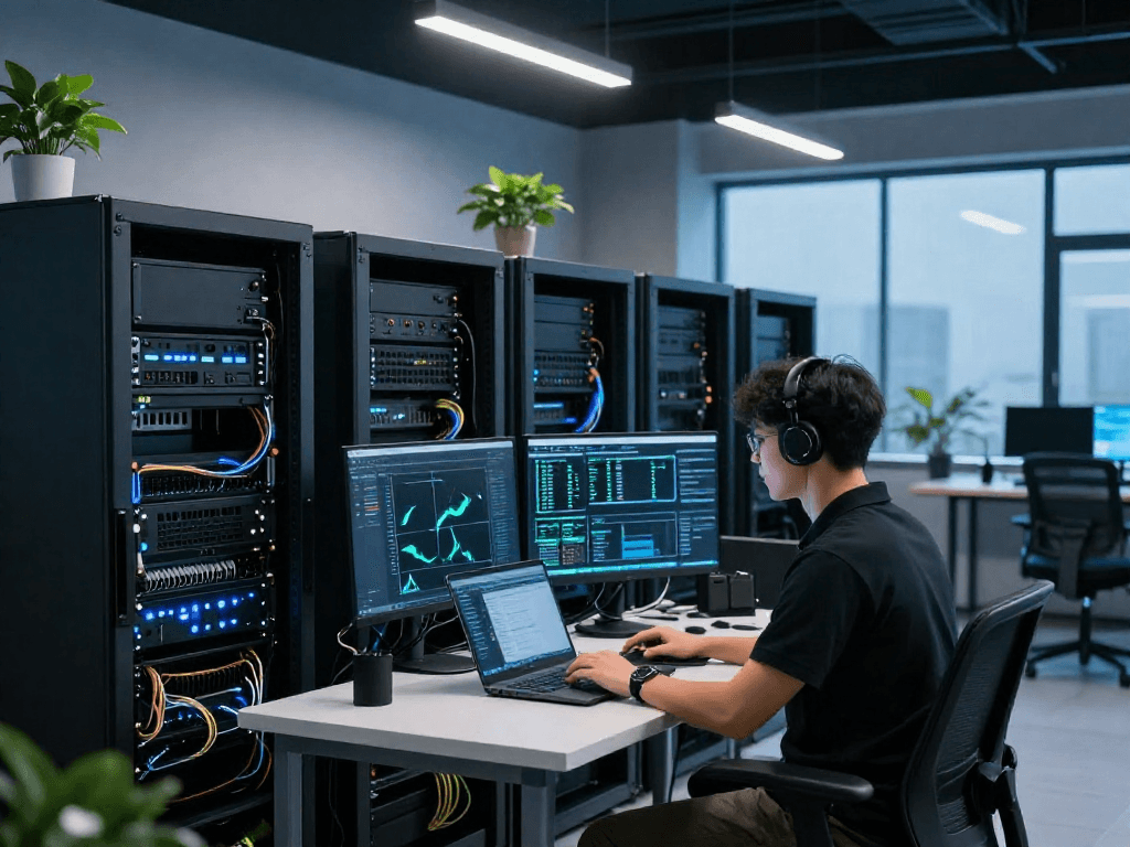Configuración de VPS Hosting en México en un moderno centro de datos, con técnicos gestionando servidores y monitores de rendimiento.