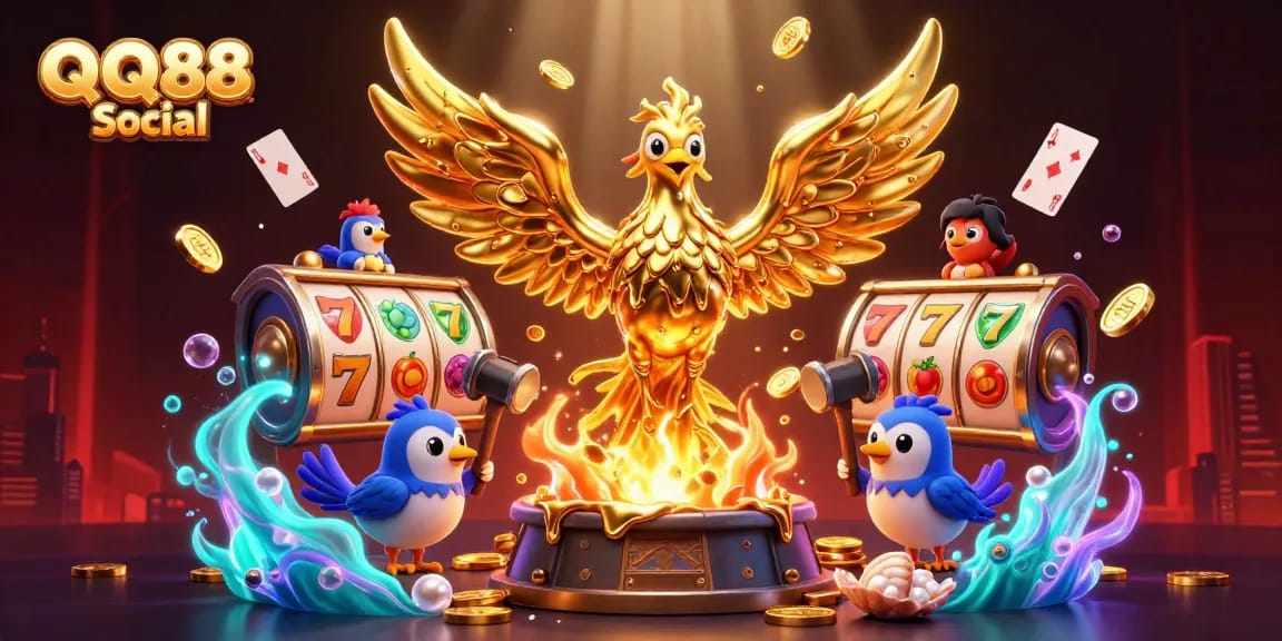 Experience thrilling gaming moments with QQ88 Social as a molten phoenix emerges amidst vibrant slot symbols.