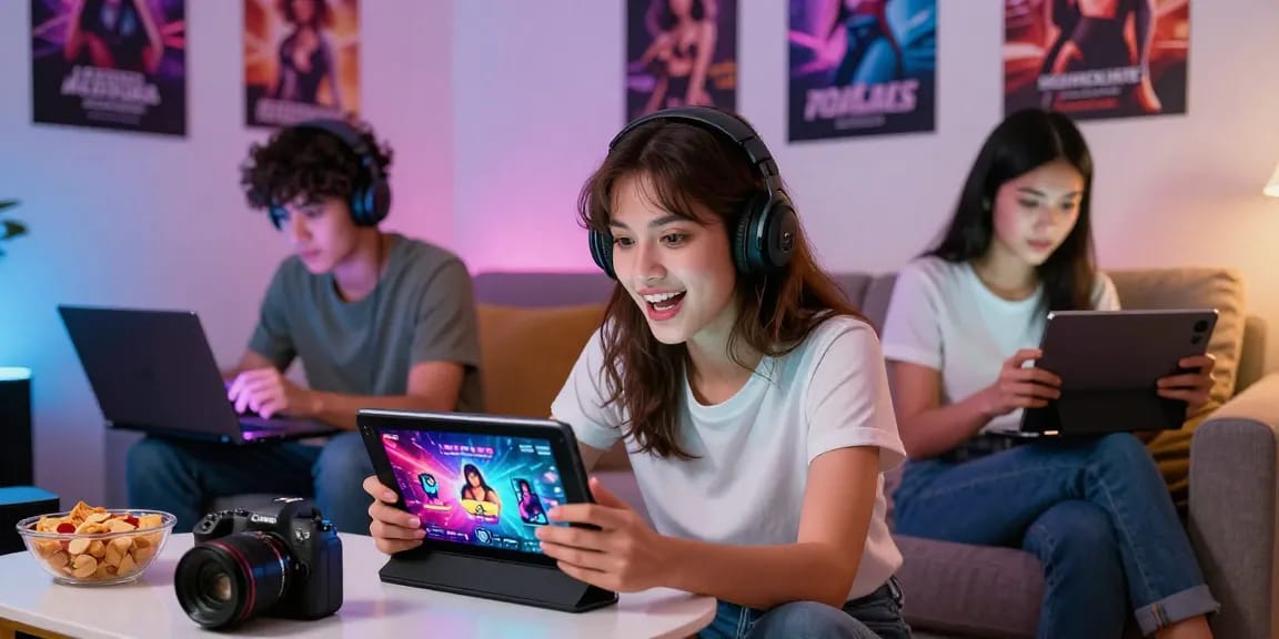 Engaging scene of friends playing sex games online with vibrant graphics, highlighting the fun of adult gaming.
