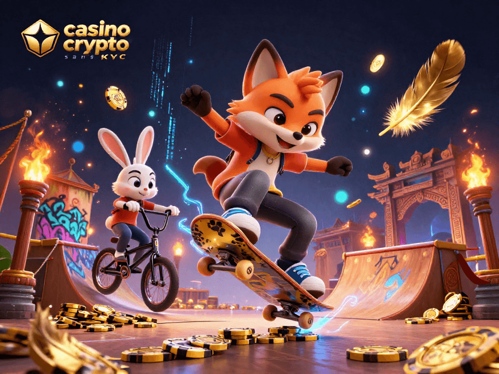 Image dynamique illustrant un casino crypto sans KYC avec un renard skateboarder et un lapin BMX au milieu de jetons et feux d'artifice.