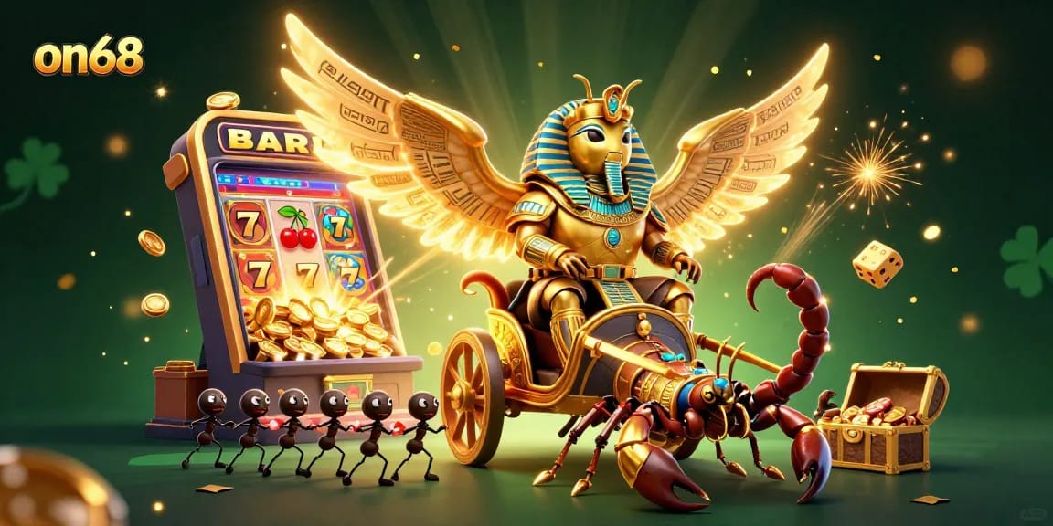 Experience thrilling gameplay at on68 with vibrant casino-themed 3D illustration showcasing a golden beetle and scorpions.