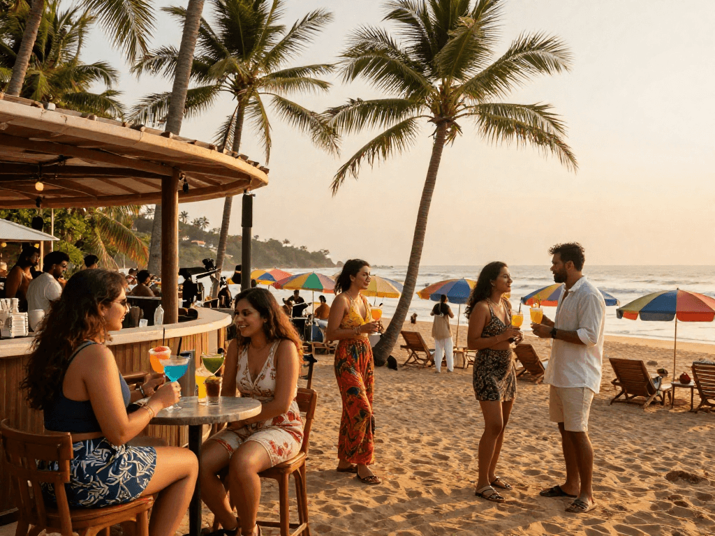 Goa escorts enjoying the sunset on a vibrant beach with tourists.