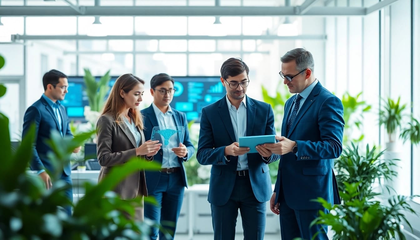 AI agents assisting professionals in a modern workspace, highlighting interaction and technology.