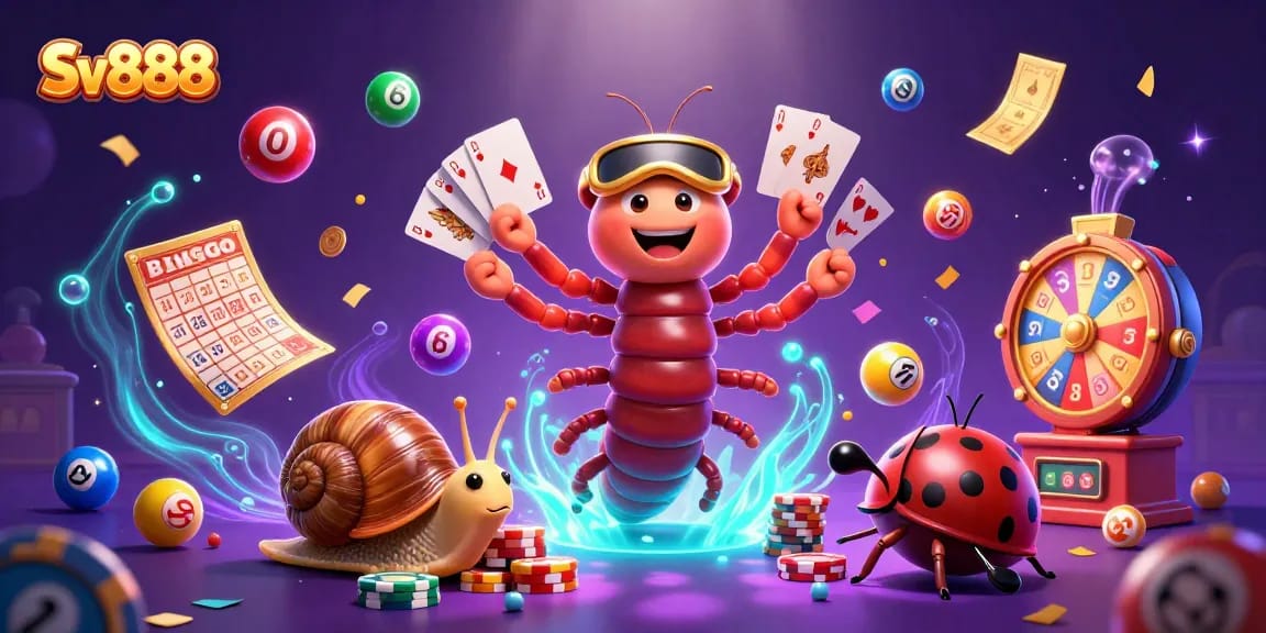 Experience exciting gameplay at Sv888 with a colorful, animated casino scene featuring unique characters and vibrant game elements.