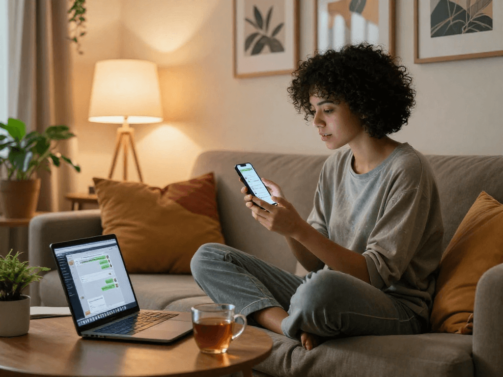 Engaging sex chat in a cozy home atmosphere with smartphone.