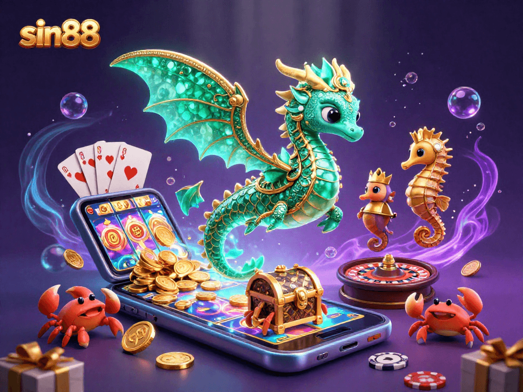 Experience thrilling action with sin88 as a fantasy sea dragon guards a treasure of casino delights.
