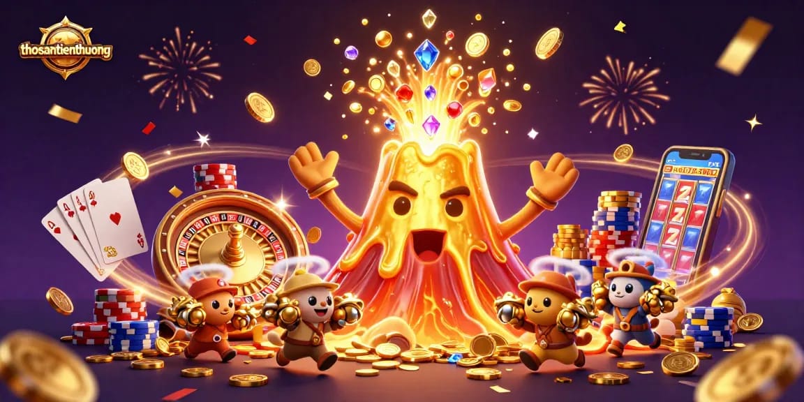 Play thosantienthuong with excitement, featuring a golden volcano erupting treasures amidst a vibrant casino scene.