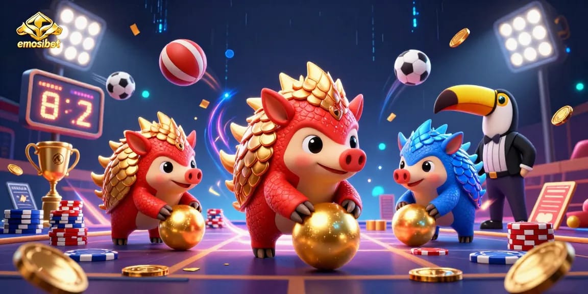 Emosibet offers thrilling sports betting experiences with pangolin rivals in action amidst glittering casino elements.
