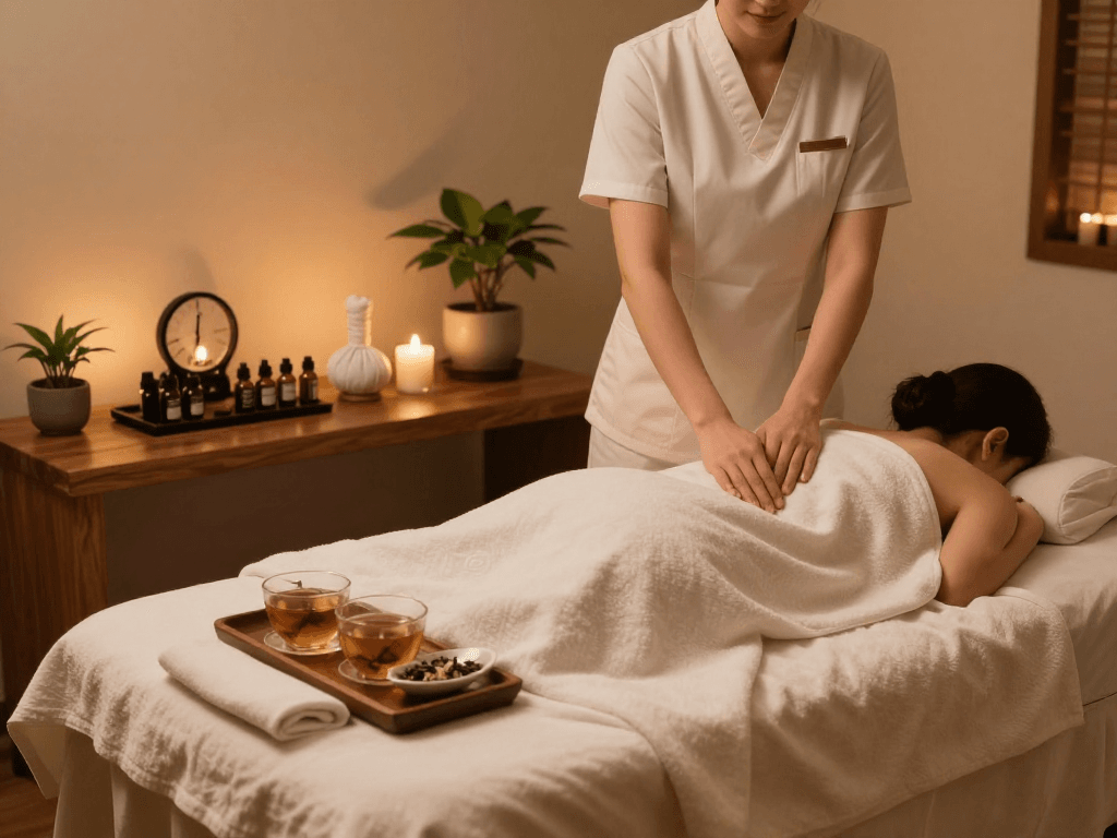 Relaxing therapy session at Balanced Massage featuring mantra88 in a peaceful environment with essential oils and calming ambiance.