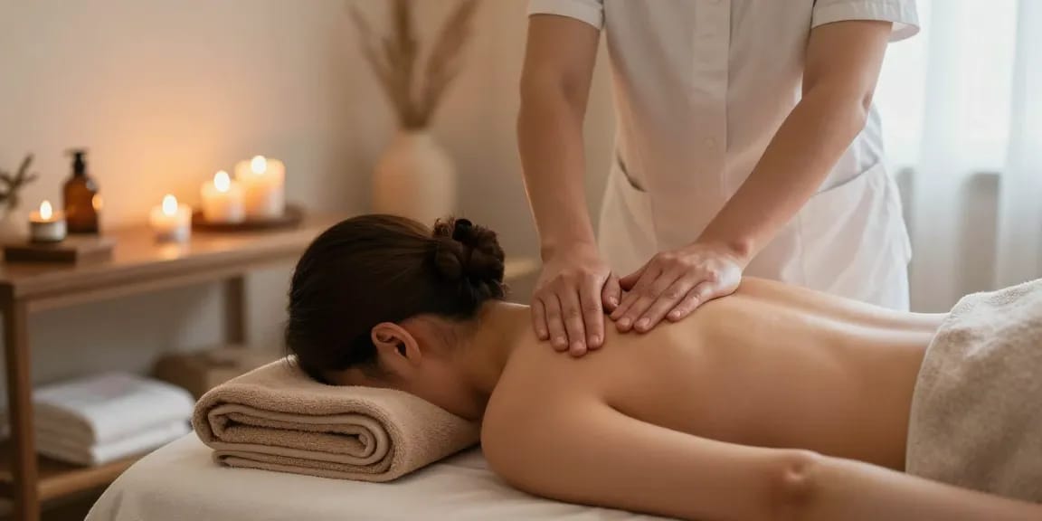 마사지 중인 모습을 보여주는 아늑한 스파 환경.