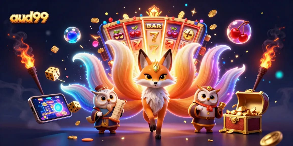 Experience aud99 excitement through animated characters amid a vibrant casino scene filled with jackpots and colorful game elements.