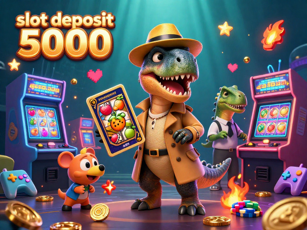 Engage with the delightful slot deposit 5000 scene featuring a velociraptor at a vibrant slot machine, adding excitement to every spin.