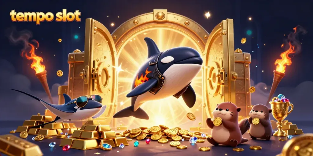 Menghadirkan tempo slot dalam ilustrasi 3D dengan orca, ikan pari, dan beruang laut yang memegang koin emas.