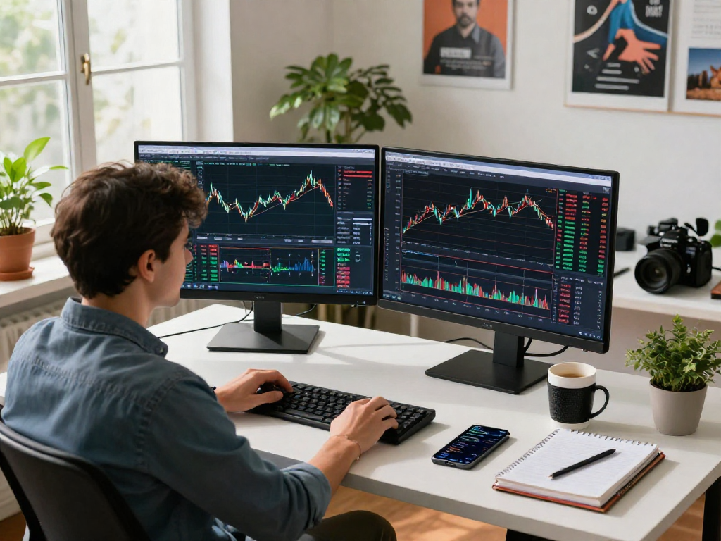 Engaged trader using MetaTrader 5 on dual monitors in a modern office