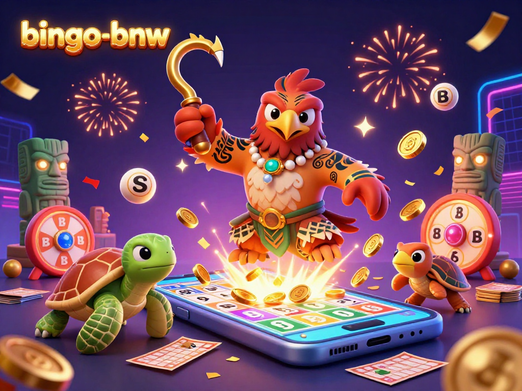 Bingo-bnw offers thrilling bingo excitement, featuring dynamic characters and engaging game elements in a vibrant illustration.