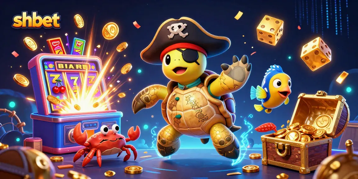 Experience thrilling shbet action with a cartoon pirate turtle and vibrant casino elements.