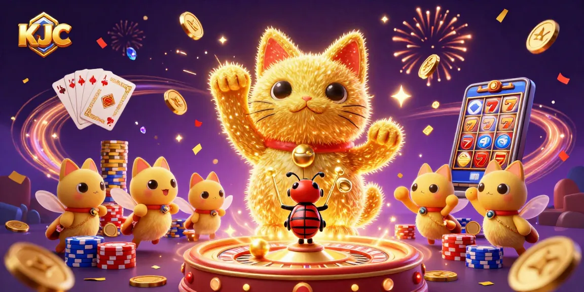 KJC golden fireflies create a giant lucky cat while casino symbols and coins animate around them.