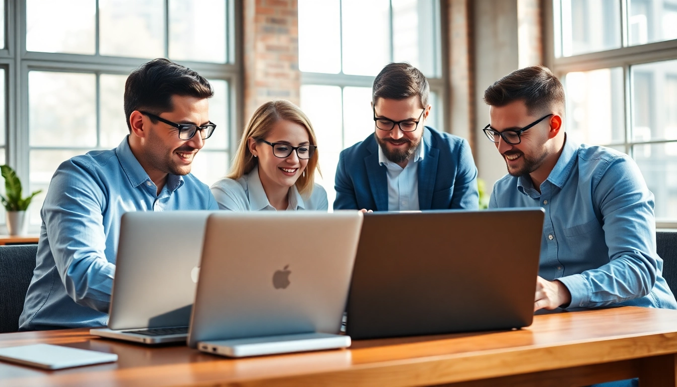 Collaborative team working on Shopify website development services in a vibrant office.